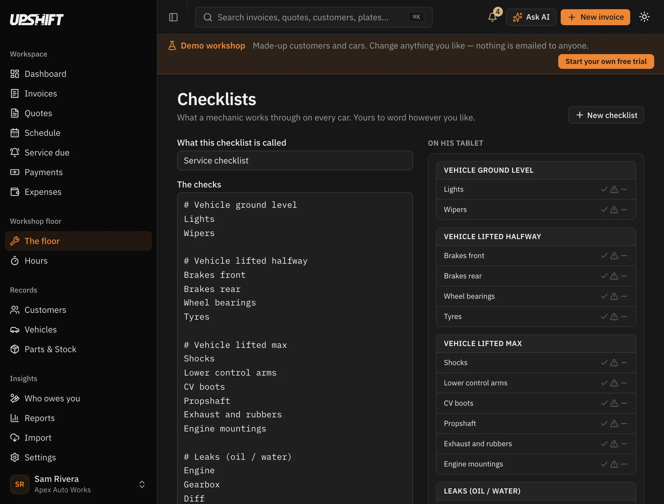 The checklist editor in Upshift, with the checks typed as a list on the left and a preview of how they appear on the mechanic's tablet on the right.