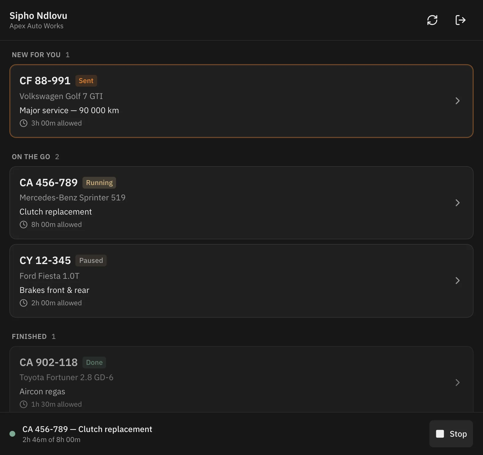 The Upshift mechanic view on a tablet: a new job waiting to be accepted, one job running with its timer, one paused, and the running clock pinned to the bottom of the screen.