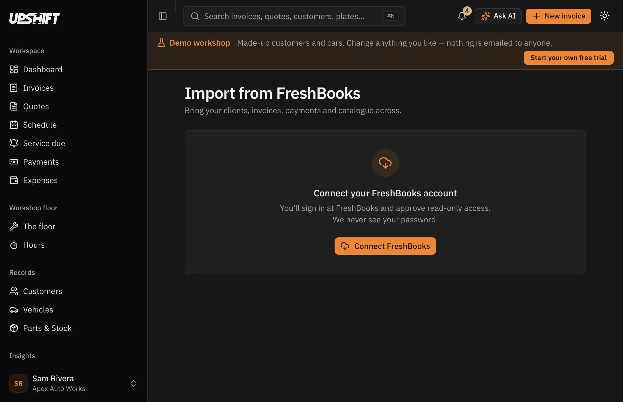 The Upshift import screen, bringing customers, invoices, payments and quotes across from FreshBooks.