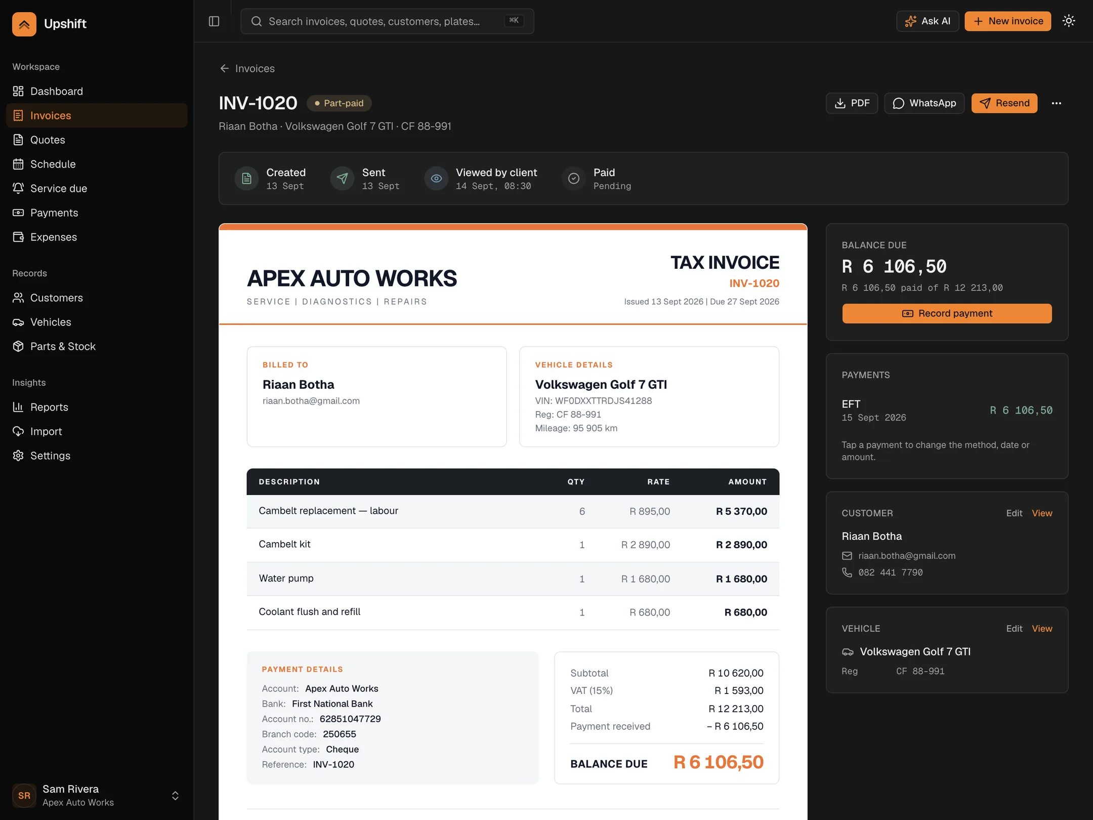An invoice open in Upshift, showing the printed document alongside its timeline and payment history.