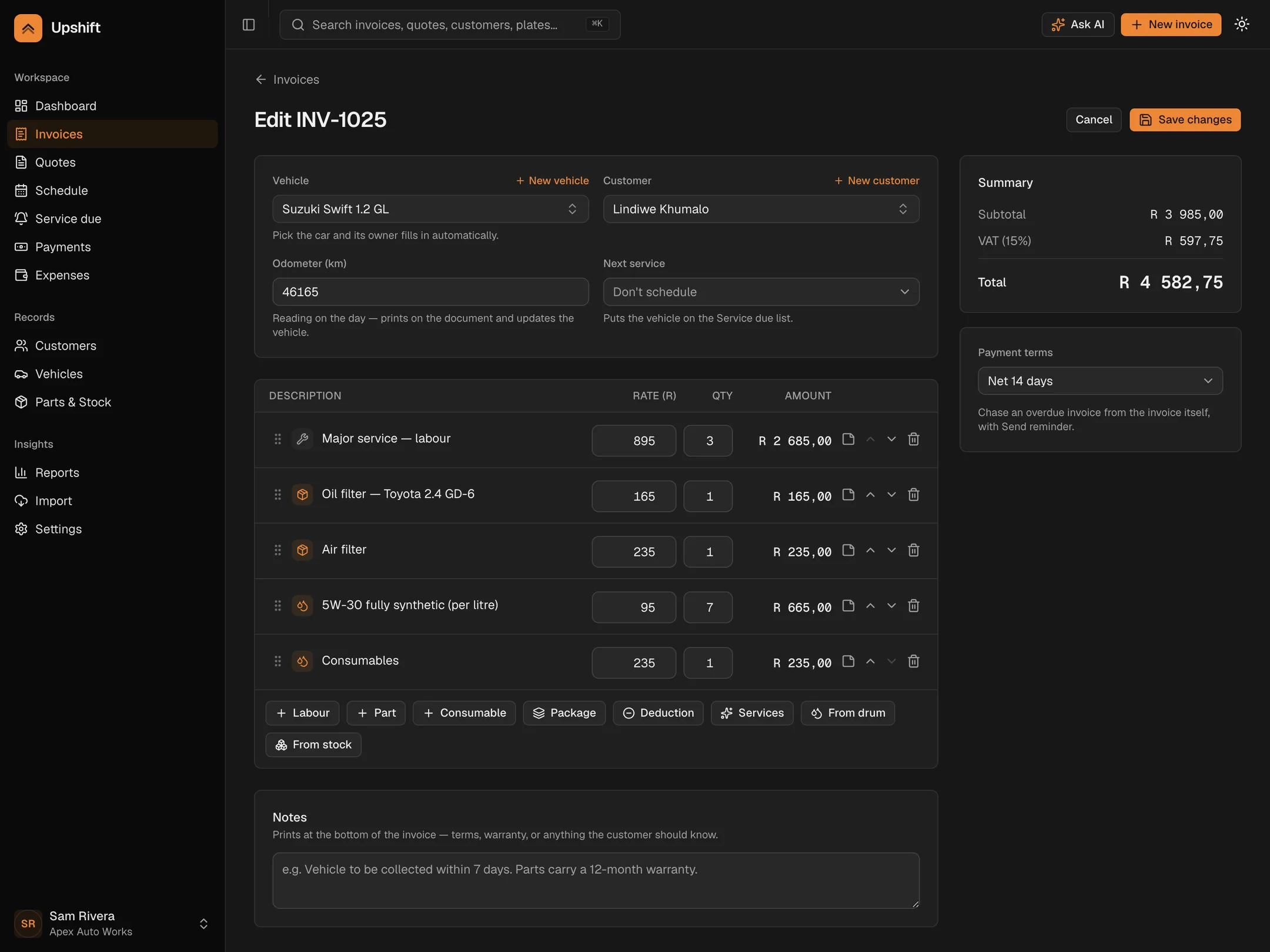 Editing an invoice in Upshift: vehicle and customer pickers, odometer, and line items for labour, parts and oils.