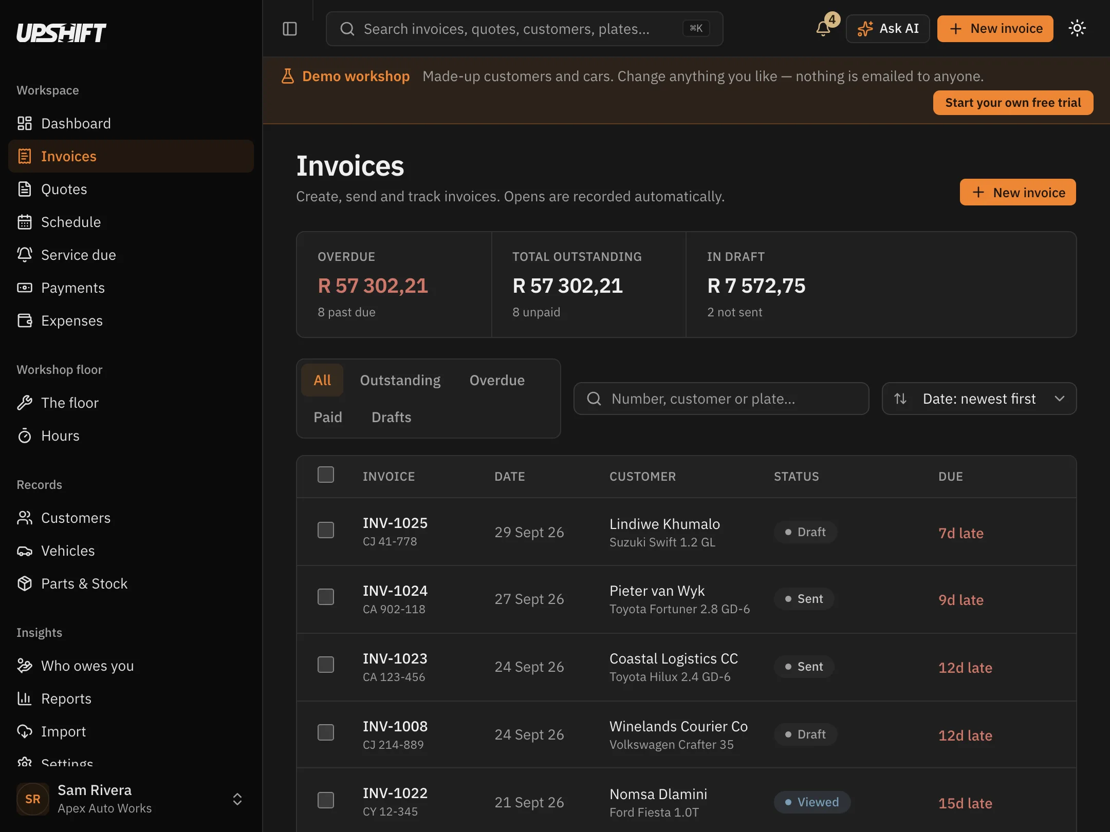 The Upshift invoice list, showing draft, sent, viewed, part-paid and paid invoices with how many days late each one is.