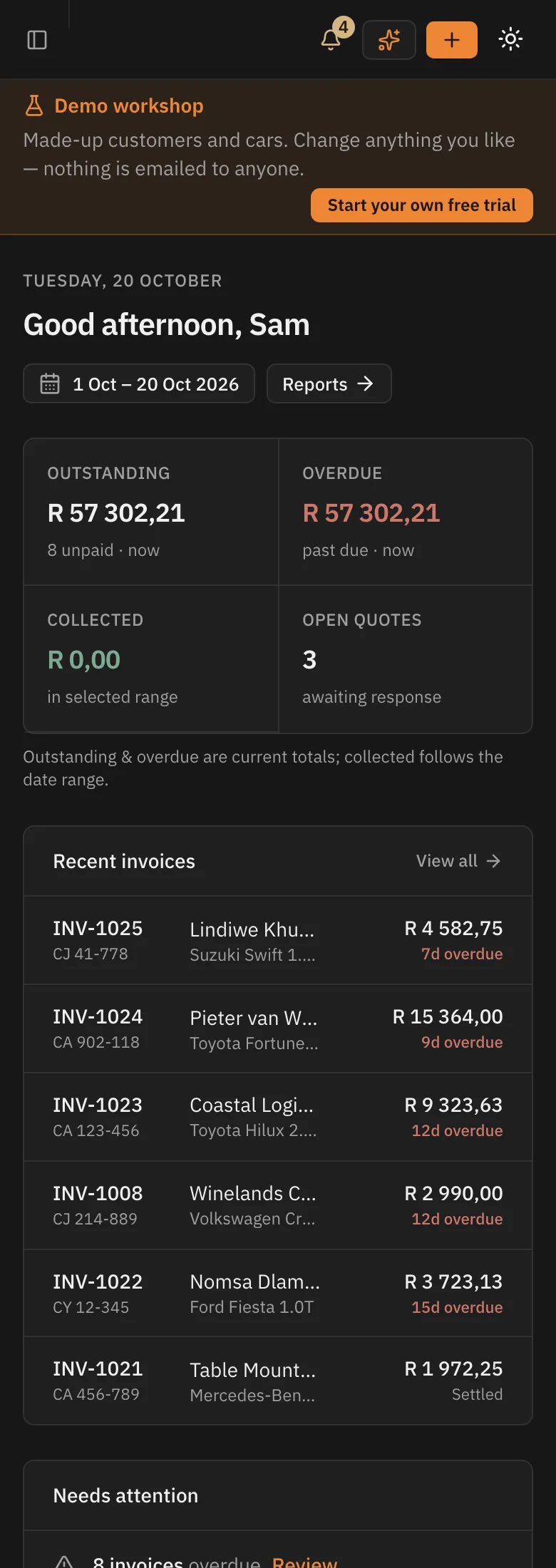 The Upshift dashboard on a phone.