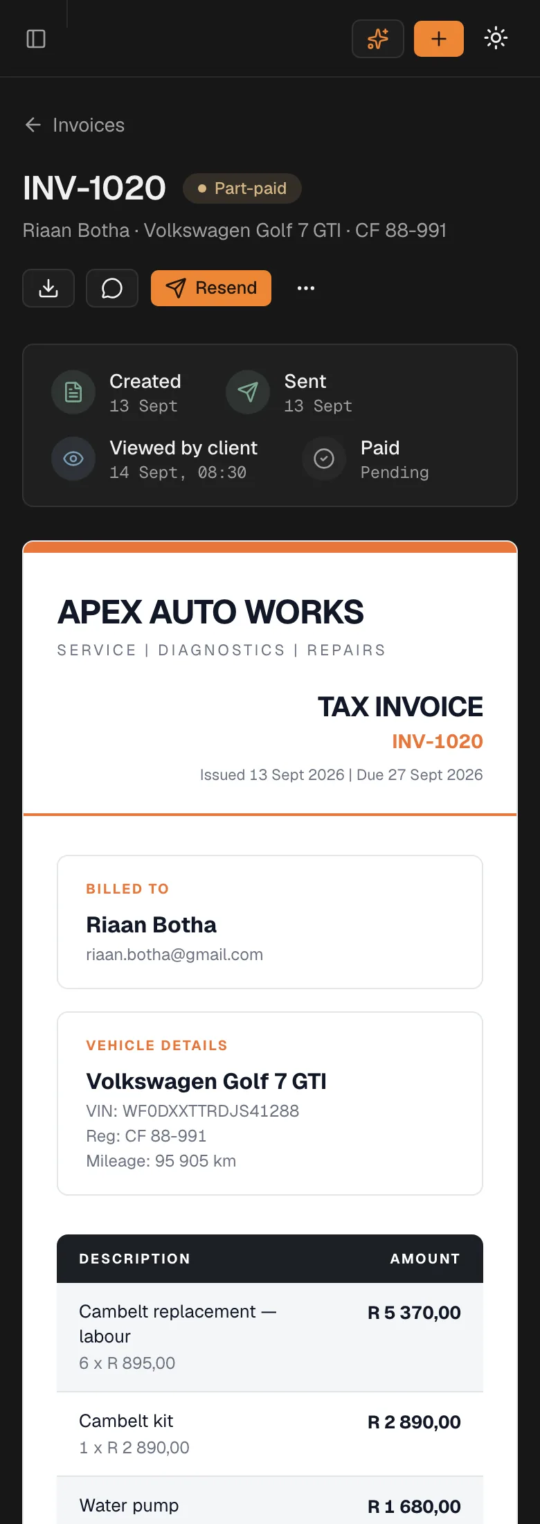 An invoice open on a phone, with its payment history.