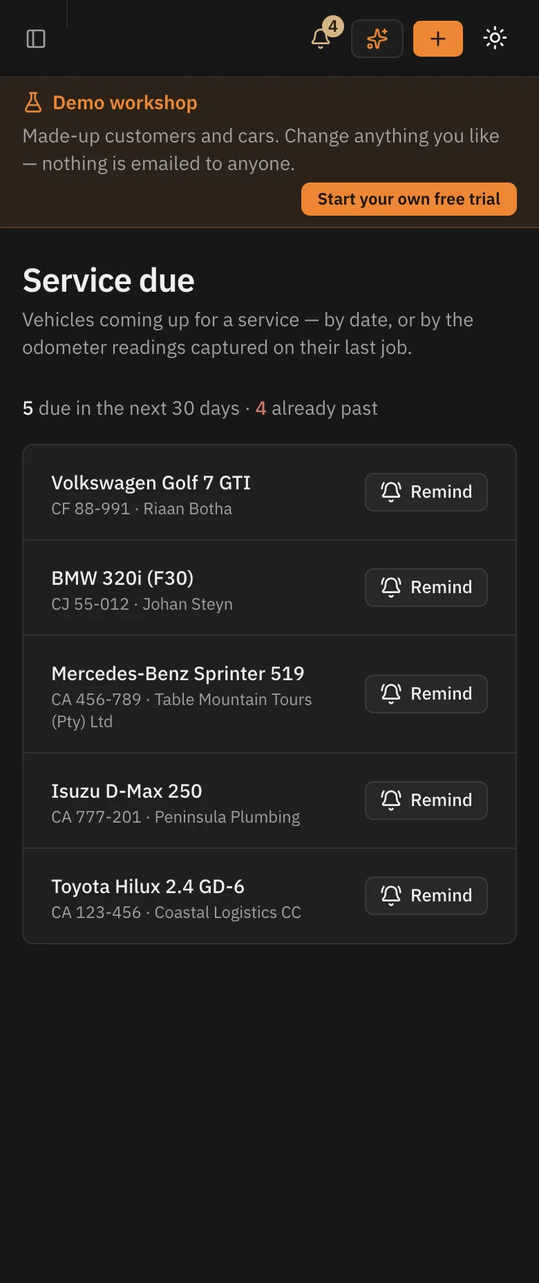 The service-due list on a phone.