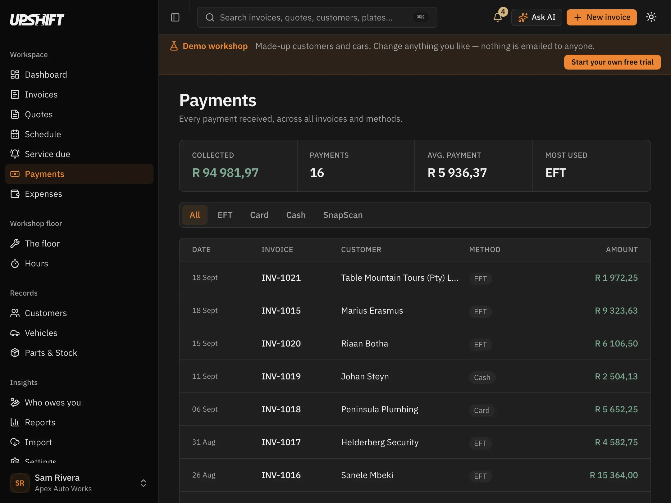 The payments ledger in Upshift, listing each payment, its method and the invoice it settles.