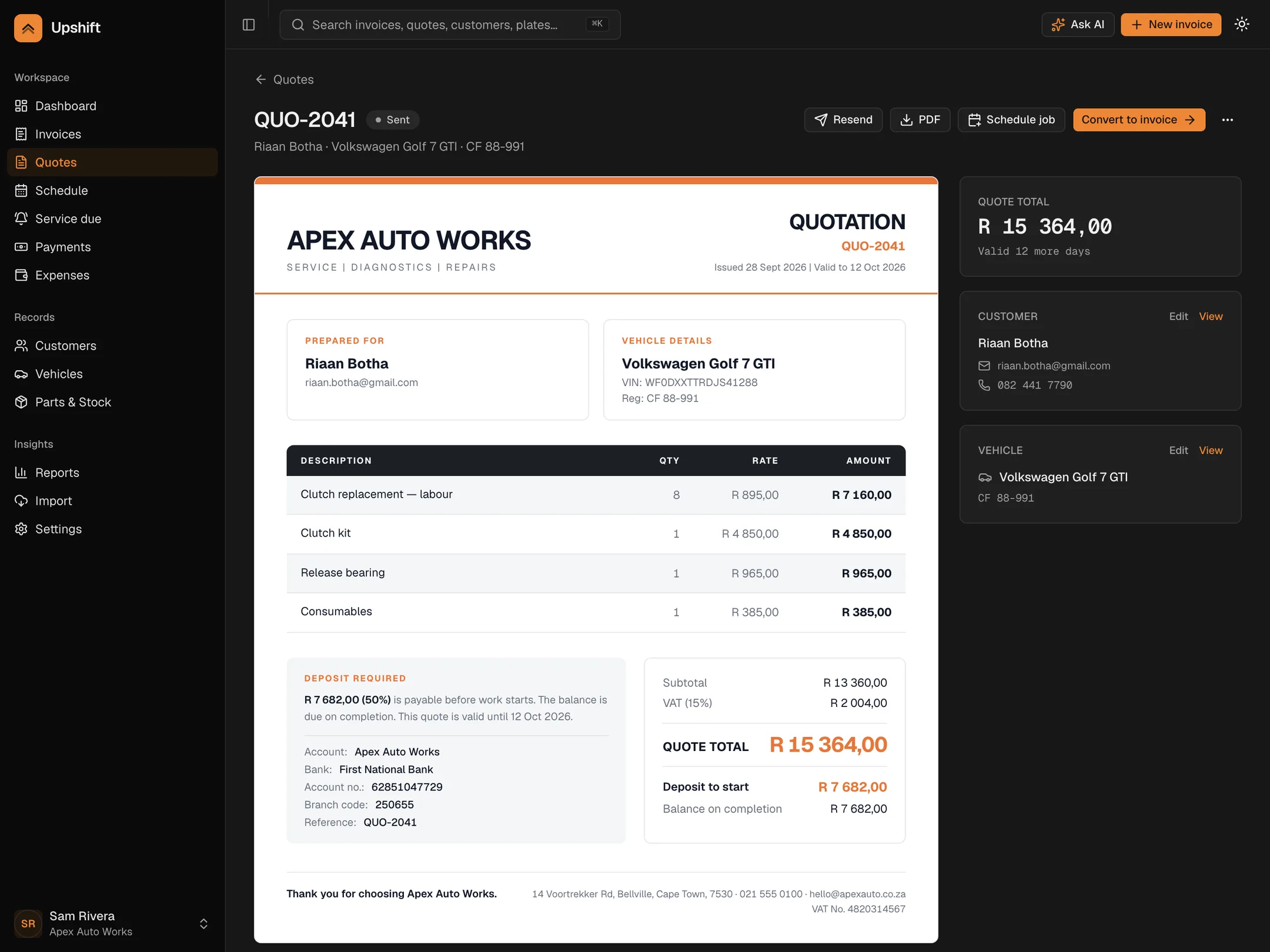 A quote in Upshift showing a 50% deposit required before work starts, with the workshop's banking details printed beneath it.