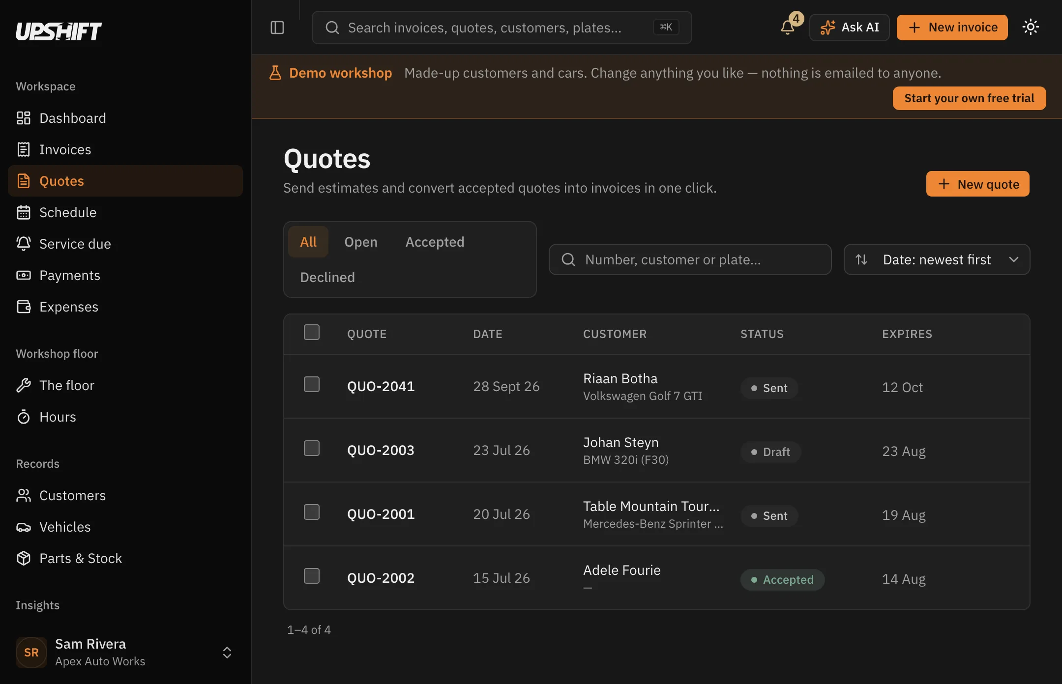 The Upshift quotes list, with quote totals, status and the vehicle each one belongs to.