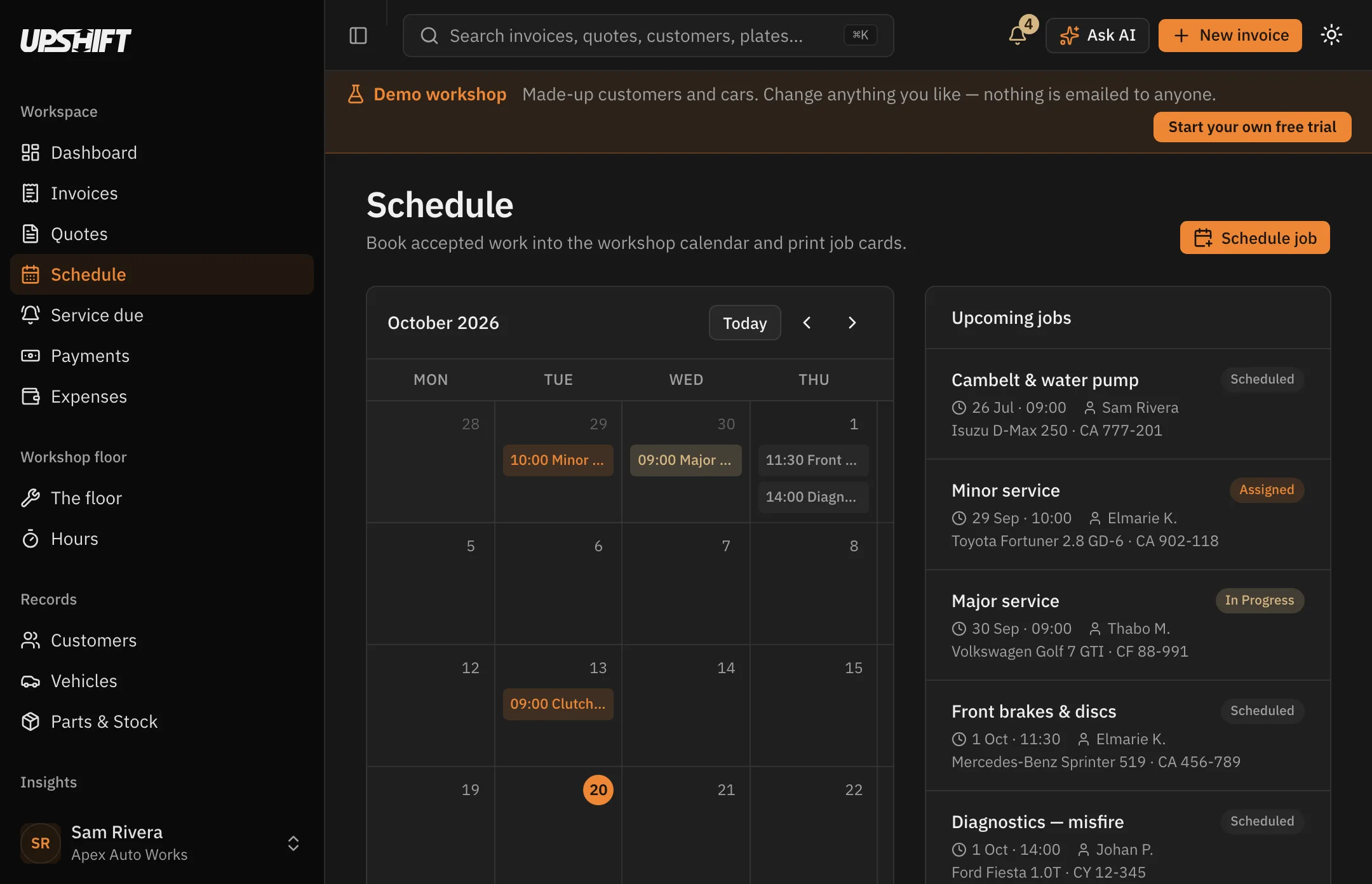 The Upshift schedule: a month calendar with booked jobs and a list of upcoming work beside it.