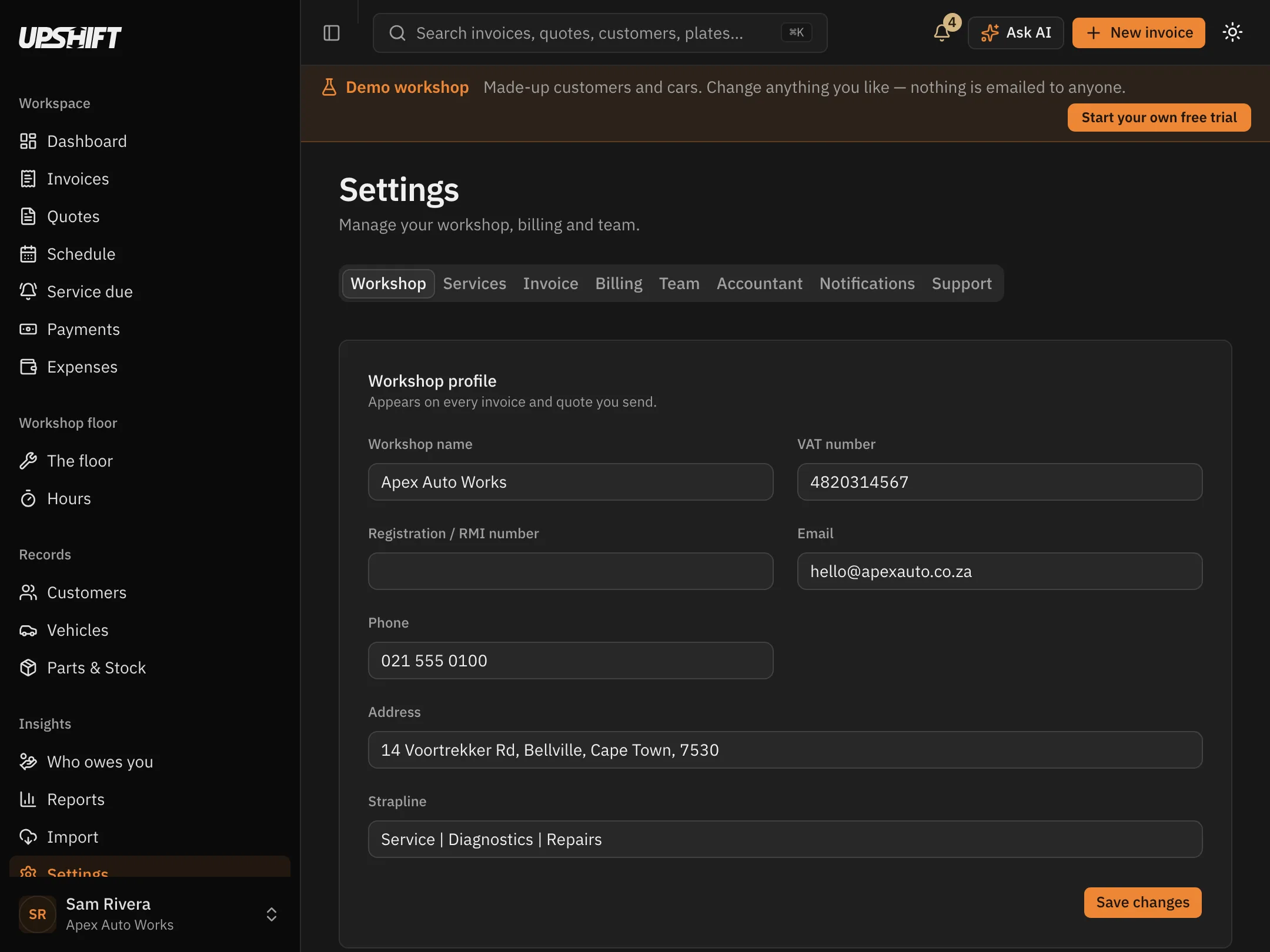 Workshop settings in Upshift: business details, VAT number, banking details and document branding.