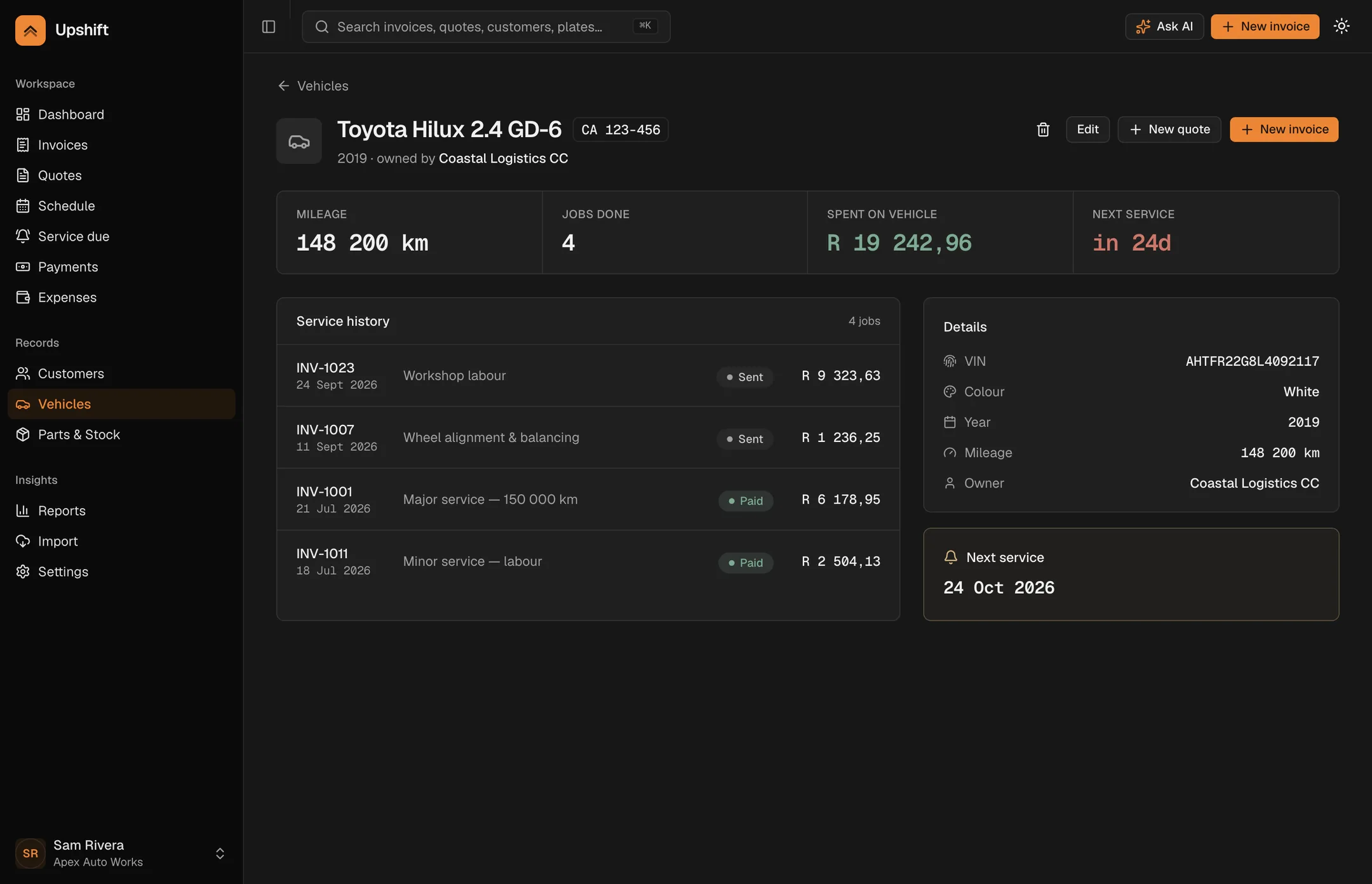 A vehicle record in Upshift: mileage, jobs done, total spent, next service due, and the full service history.