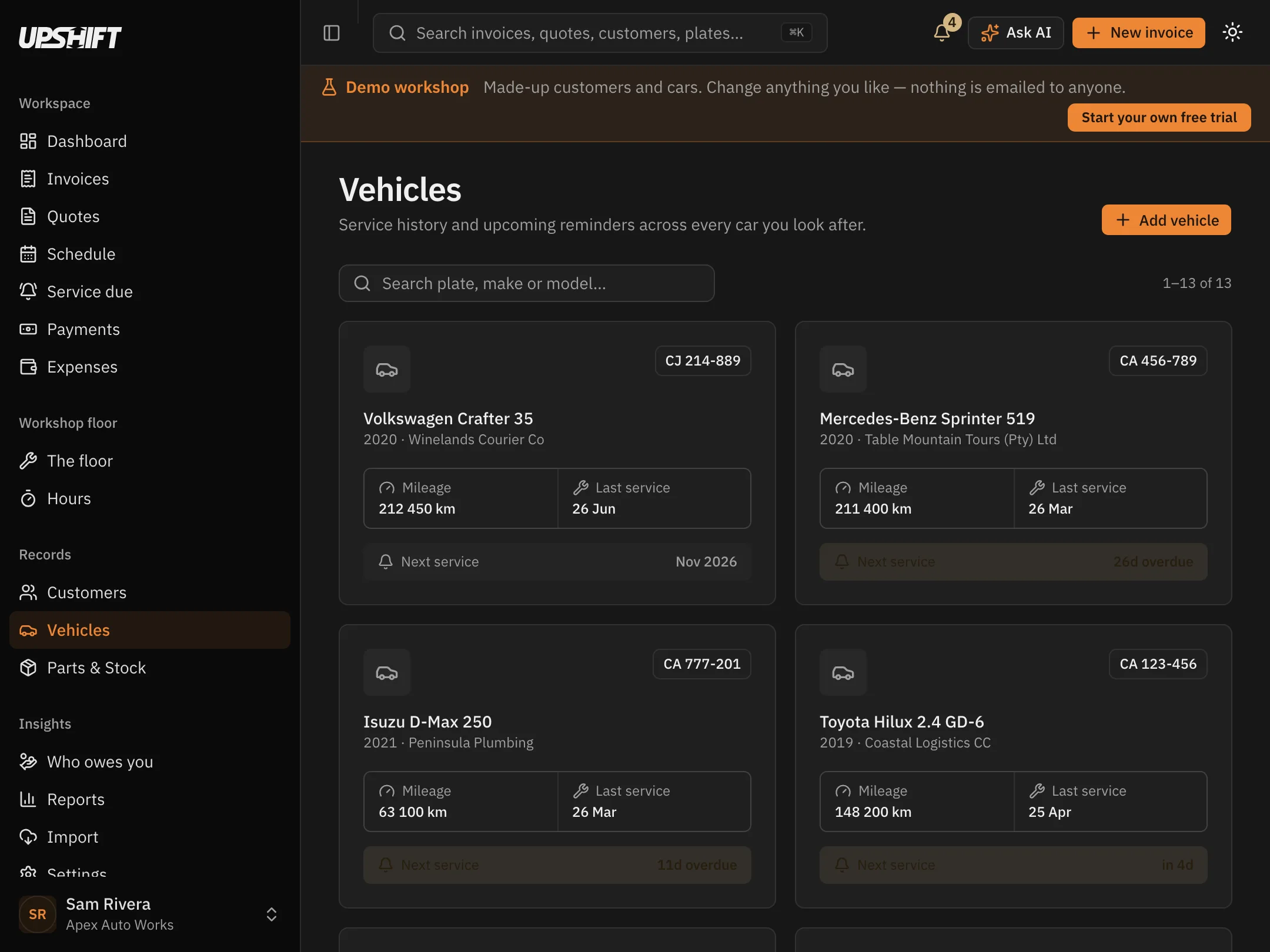 The vehicle list in Upshift, each car with its registration, owner, last service and next service due.