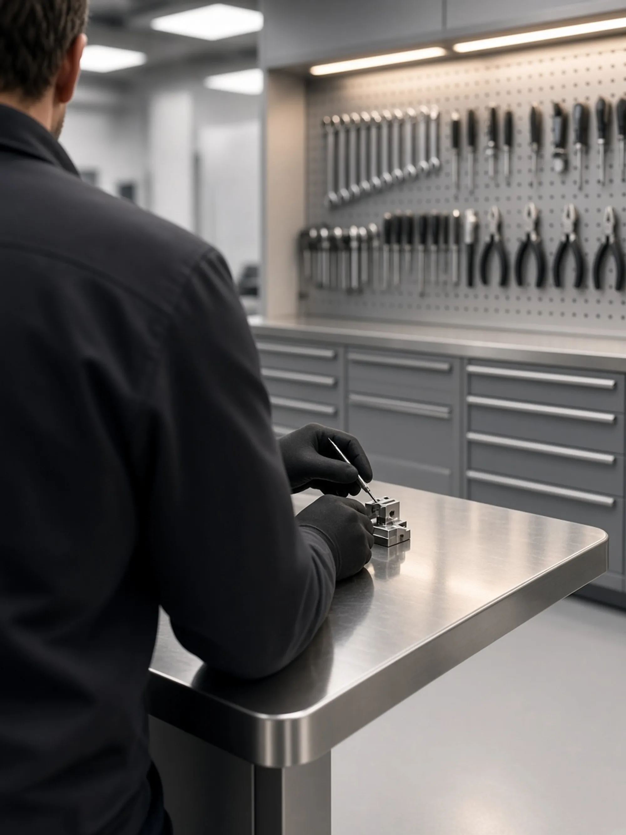A technician working at a clean fabrication bench, tools racked behind.