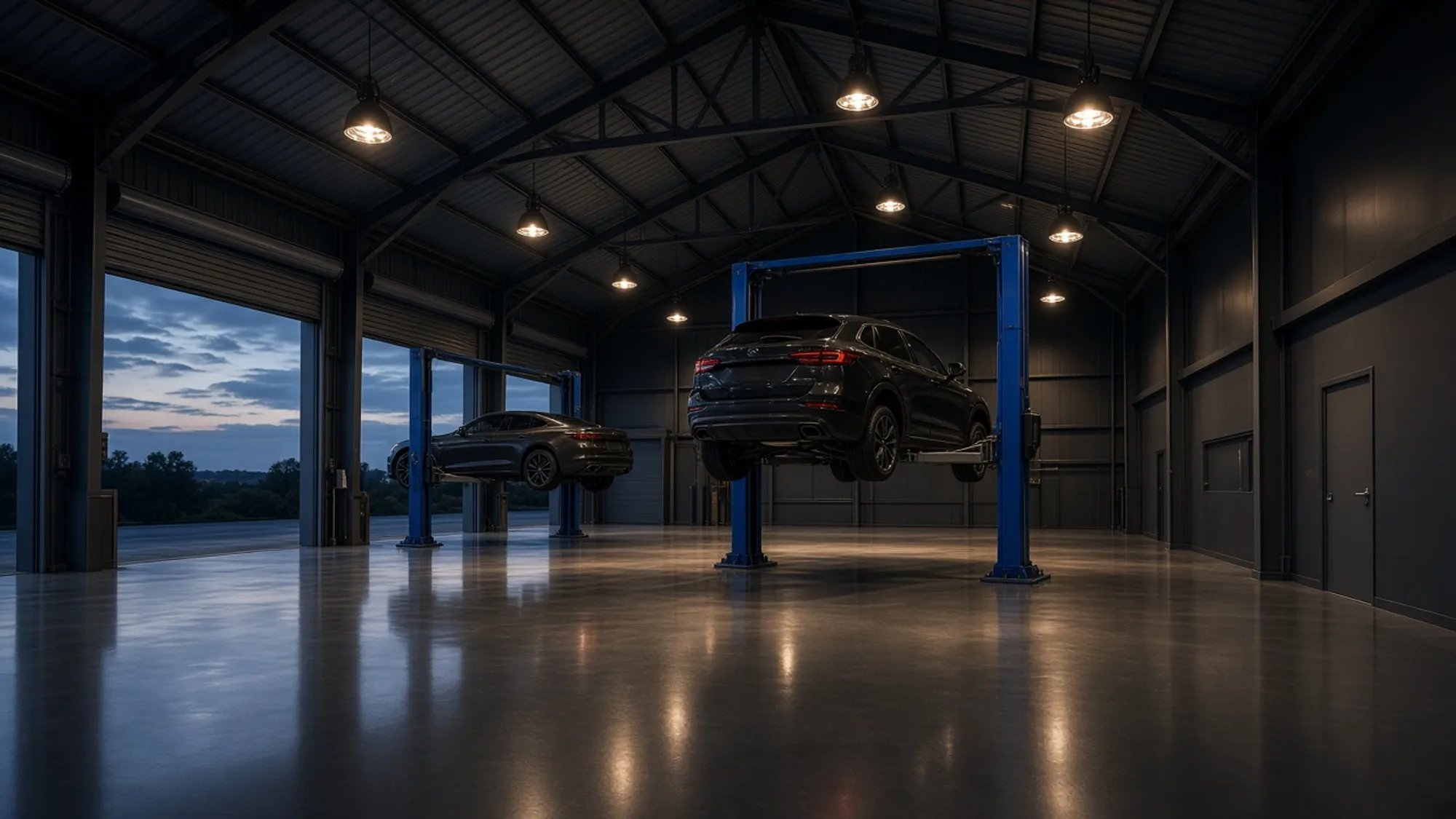 A workshop at dusk, vehicles up on two-post lifts, lit from within.