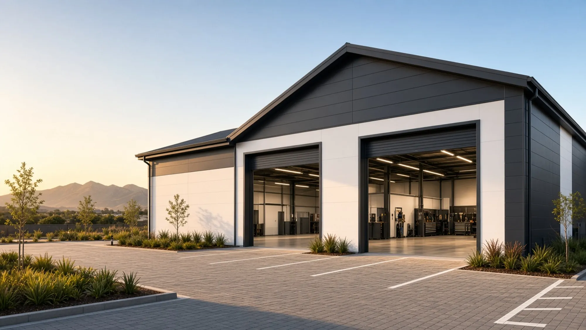 A modern workshop building in late afternoon light, roller doors open.